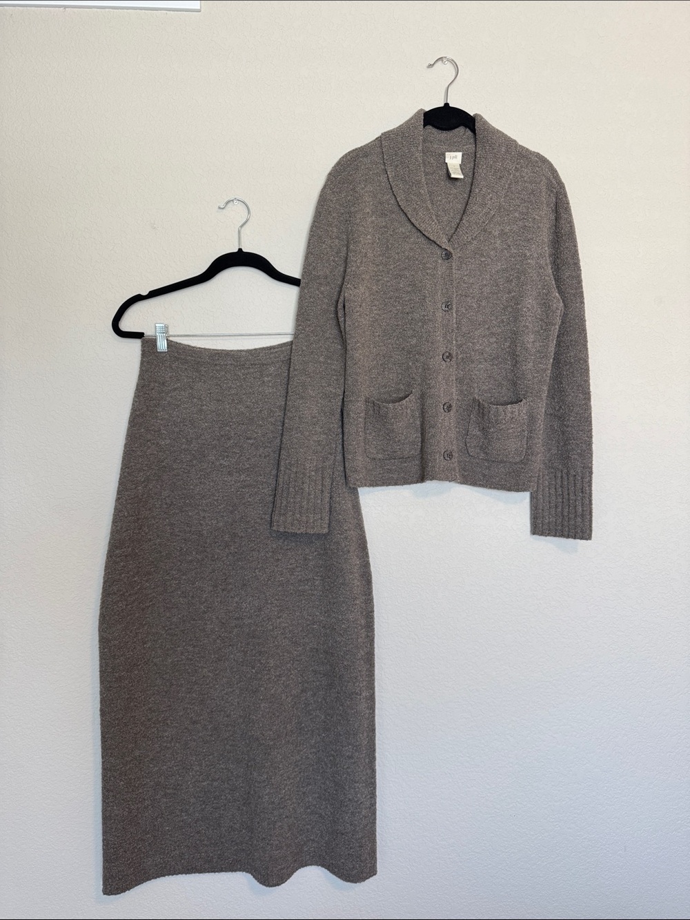 J. Jill Taupe Knit Cardigan & Midi Skirt Sweater Set | Size Small